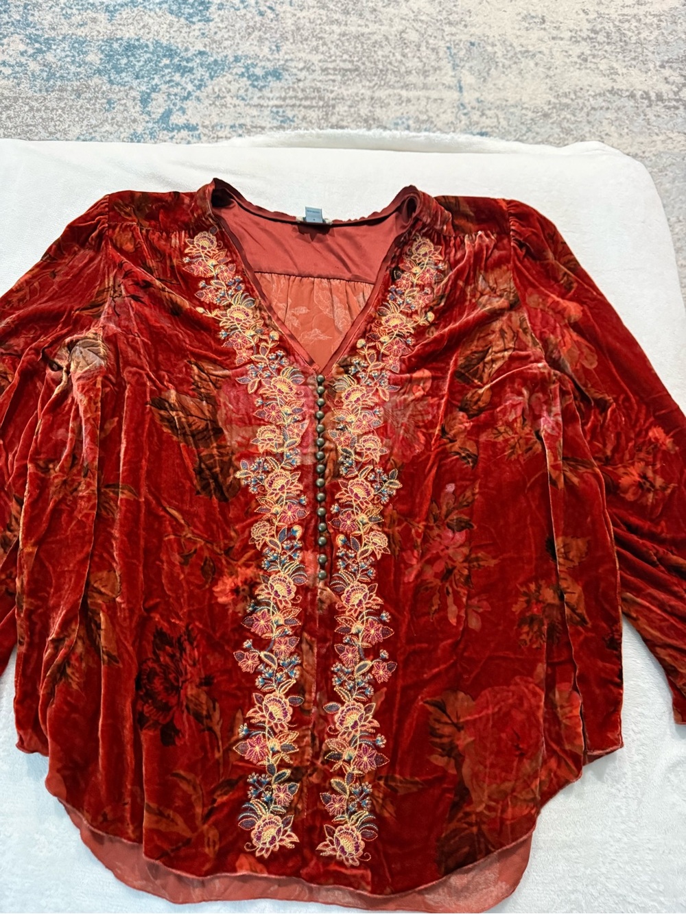 Sundance Embroidered boho burnout Velvet Bell Sleeve top XXL D73